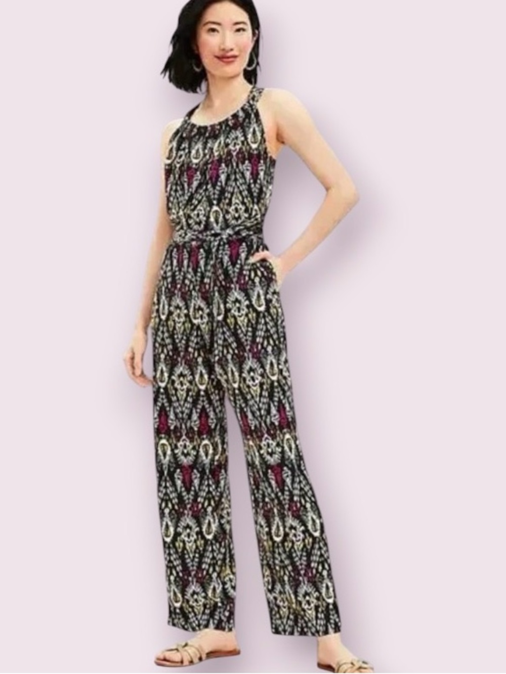 Loft Linen Blend Ikat Sleeveless Jumpsuit Black White Yellow Pink Size Medium